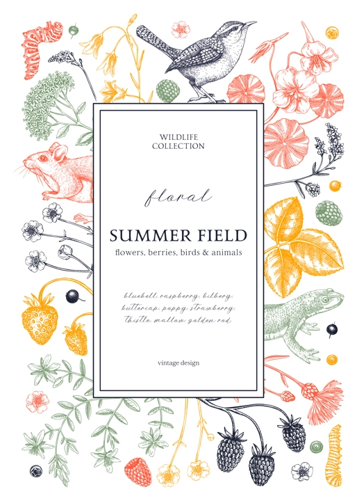 Floral wreath design in color. Vintage summer background. Wildlife sketches. Wildflowers botanical illustration. Hand-drawn field flowers, birds, and animals for wedding invitation, greeting card